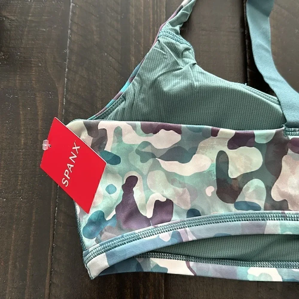 NWT Spanx Printed Low Impact Sports Bra M Camouflage Green Padded Slip On Low